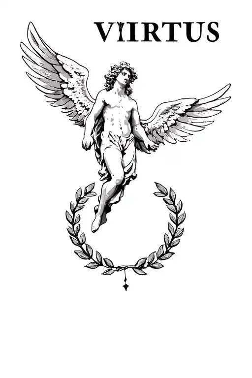 A fallen angel falling from the sky, the word virtus written in Greek font. Just below is a laurel wreath, and below tha tattoo design idea