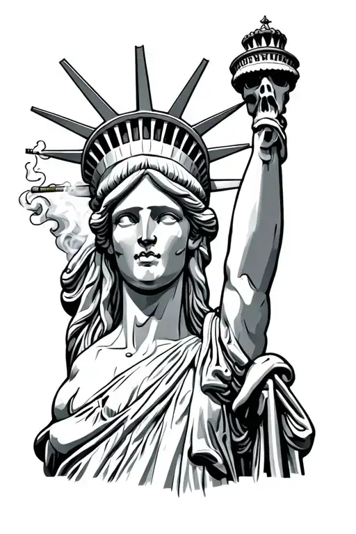 Lady Liberty smoking a cigarette with skeleton torso tattoo design idea