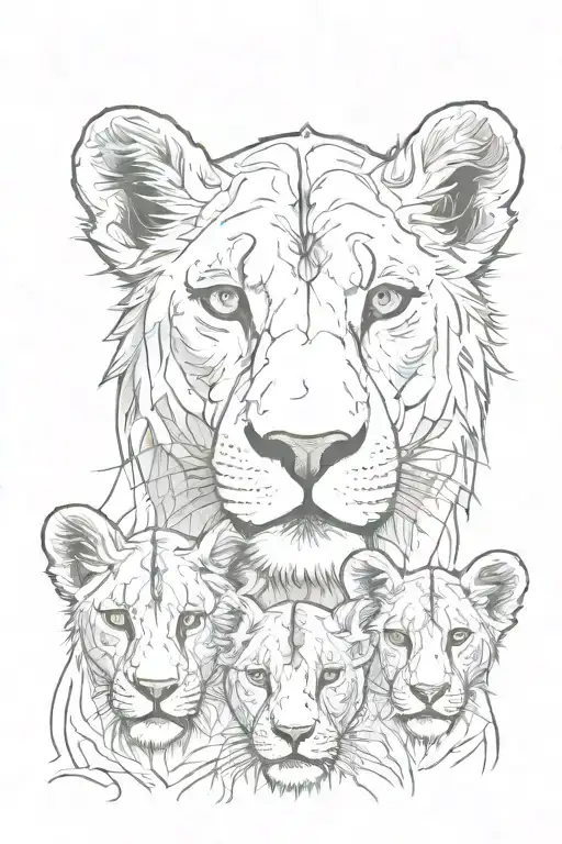 Lioness with 2 cubs face only blue eyes tattoo design idea