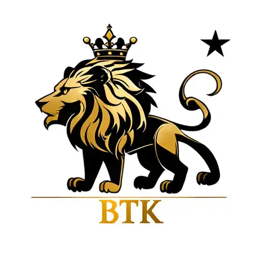 "BTK" black and gold lion with 5 point crown and 5 point star tattoo design idea