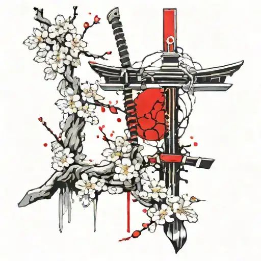  cherry blossoms tree with katana and small temple with blood moon tattoo design idea