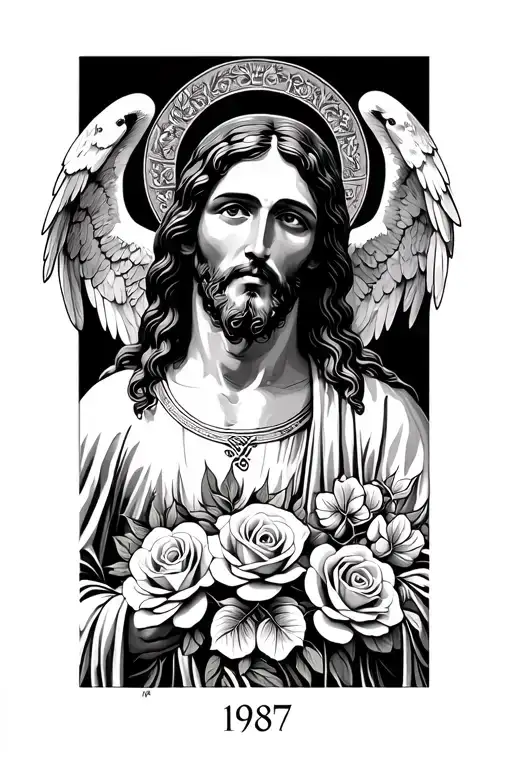 Jesus with Rosas and Angels and the date 1987 tattoo design idea