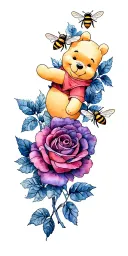 Winnie the Pooh with bees and roses intertwined tattoo design idea