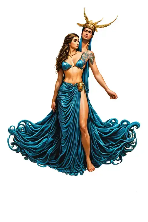 Nemesis Goddess and Mudusa Goddess tattoo on males stomach facing forward in a slick sexy greece dress  tattoo design idea