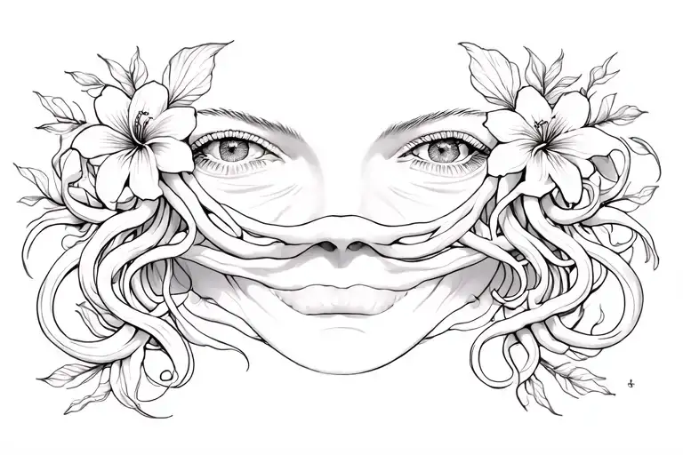 medusa tattoo with mouth covered and lilly flowers tattoo design idea