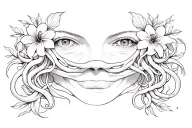 medusa tattoo with mouth covered and lilly flowers tattoo design idea