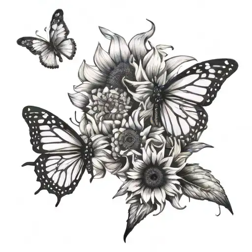 Anchor, sunflower, monarch butterfly flying tattoo design idea