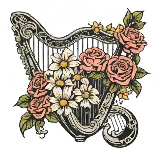 Harp, daisies, roses tattoo design idea