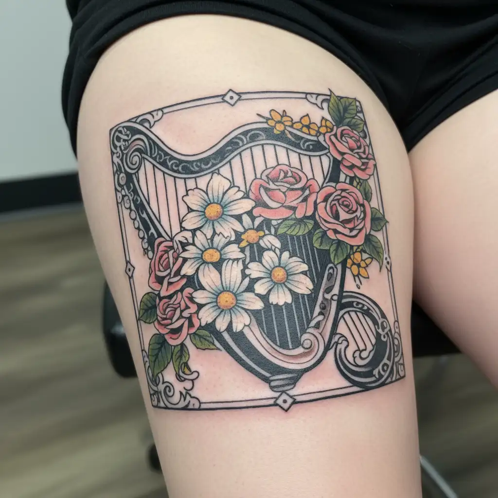Harp, daisies, roses tattoo design idea