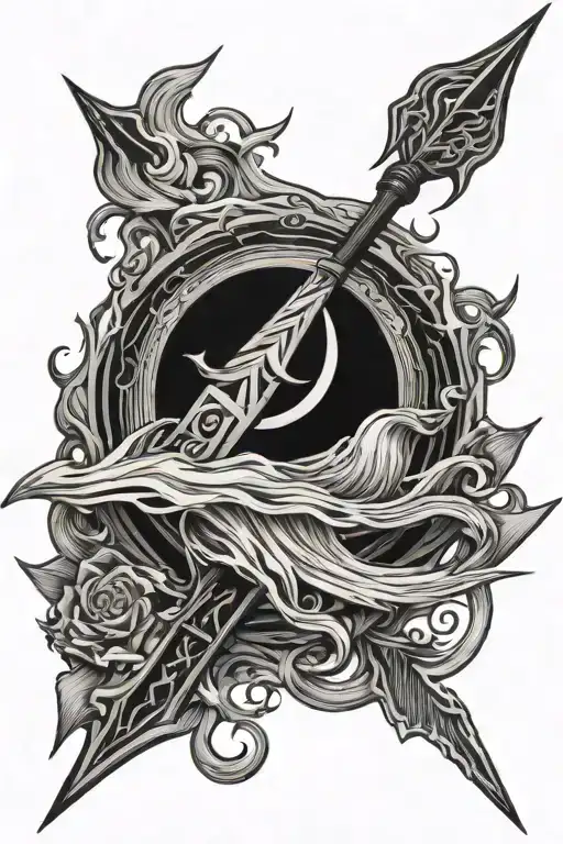 burning arrow piercing tidal waves tattoo design idea