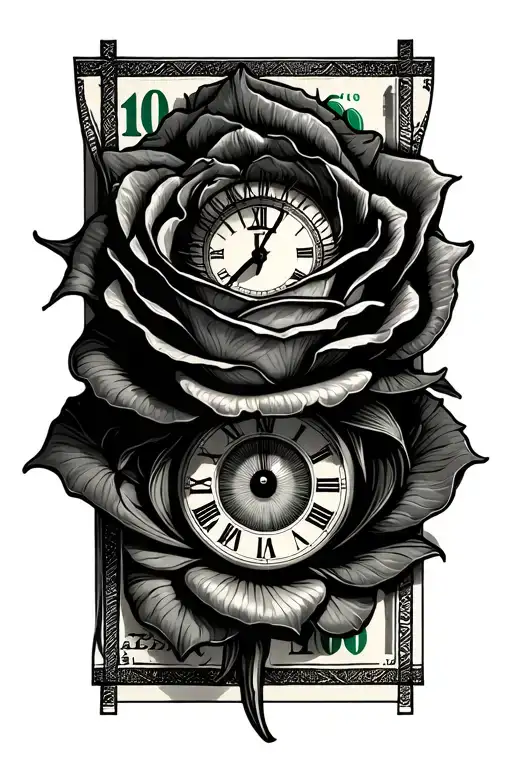 clock and eye surrounded with a 100 dollar bill rose  tattoo design idea