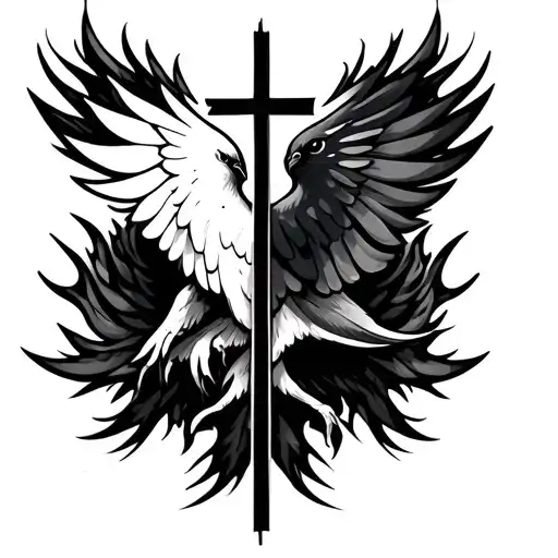 fire dove with cross intertwined minimalist design tattoo design idea
