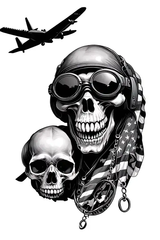 dog tags, american flag, skull wearing old pilot goggles, parachuters,cargo planes tattoo design idea