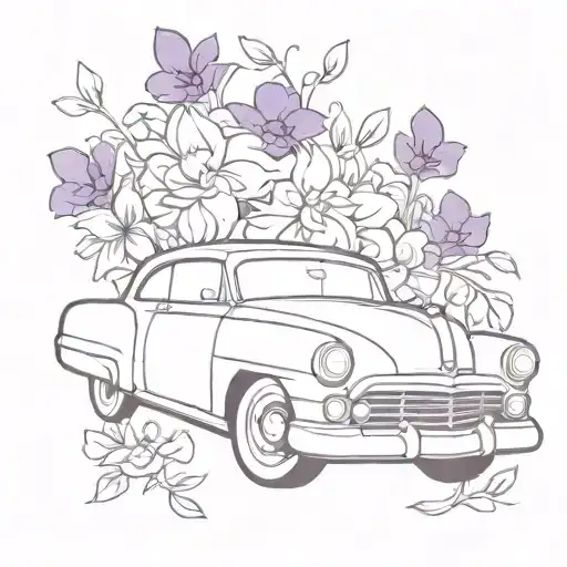 purple cadillac coupe devill surrounded by flowers tattoo design idea