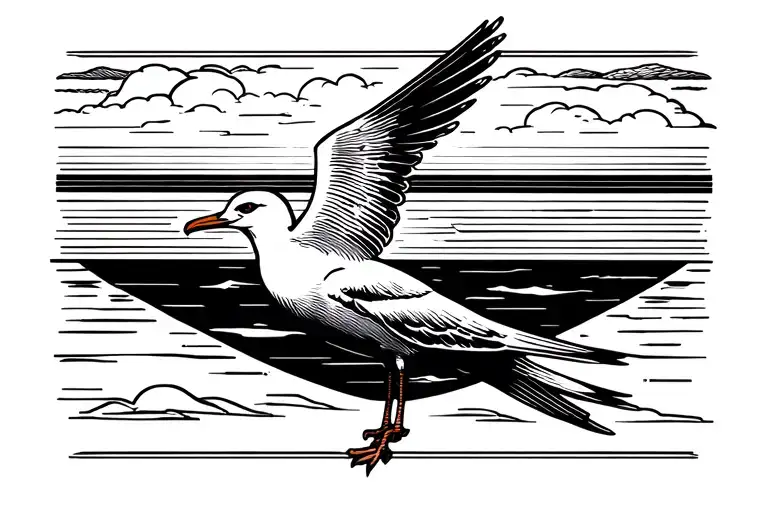 - Top band: 1.0" high — single thin horizon line and one negative-space seagull centered.  - Middle band: 1.67" high —  tattoo design idea