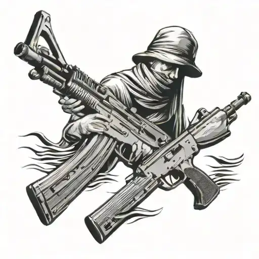 four man holding ak47 on the background sea waves tattoo design idea