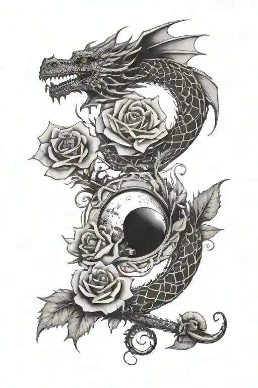 spine tattoo that incorporates the phases of the moon, a dragon and a single rose stalk tattoo design idea