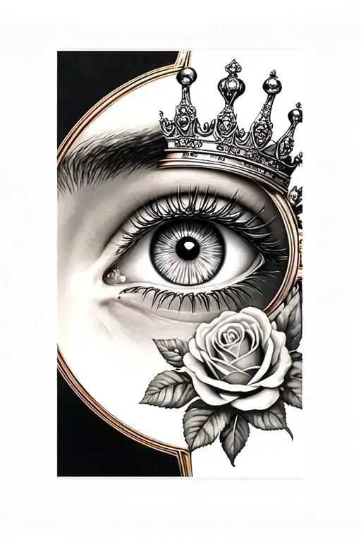 Watch with eye inside, crown on and roses around tattoo design idea