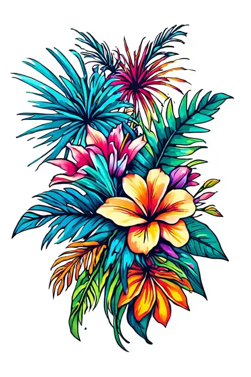 Fireworks and tropical flowers intertwined tattoo design idea