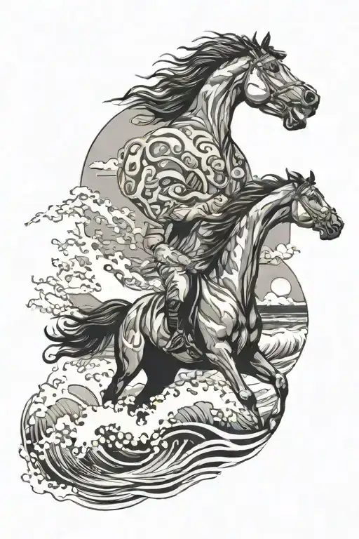 A black-grey tattoo of a serene beach scene with a horse peacefully swimming in the ocean waves tattoo design idea