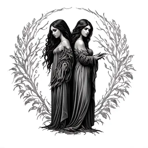 maiden mother crone standing back to back tattoo design idea