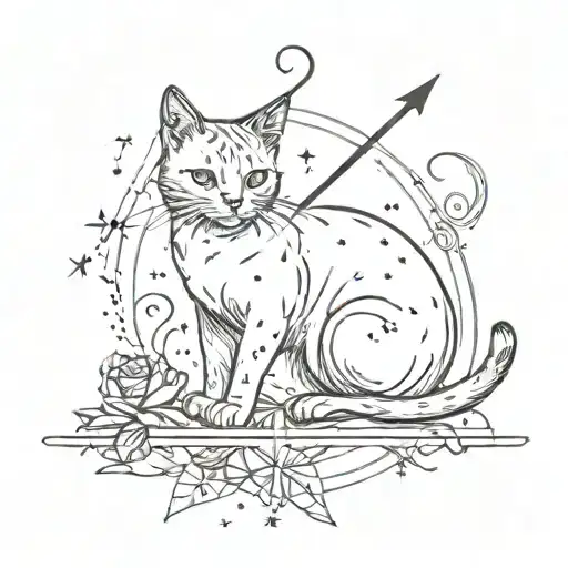 Design a tattoo featuring a mystical cat and a constellation of stars representing Taurus zodiac sign, with a subtle bow and arrow for Sagittarius zodiac sign tattoo design idea