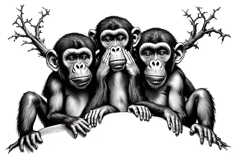 Three wise monkeys, one monkey covers its lips, the other monkey covers its ears, the third covers its eyes tattoo design idea