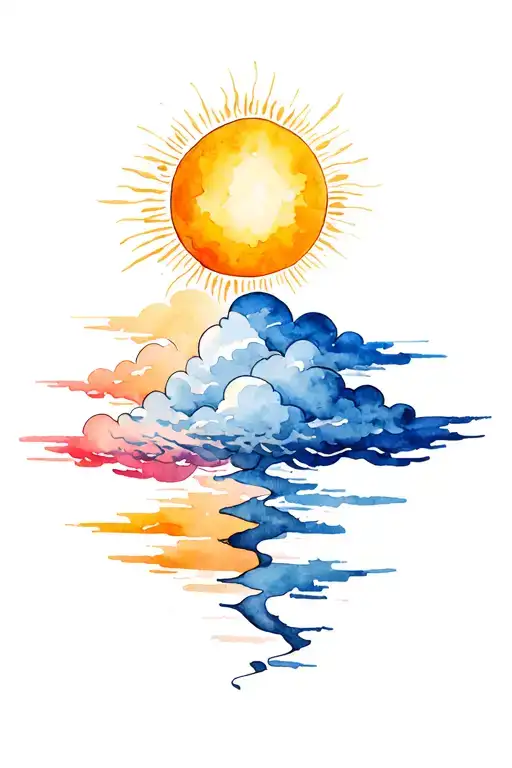 sun and cloud hugging each other with half a sun be hind the cloud and clouds behind with sun as background tattoo design idea