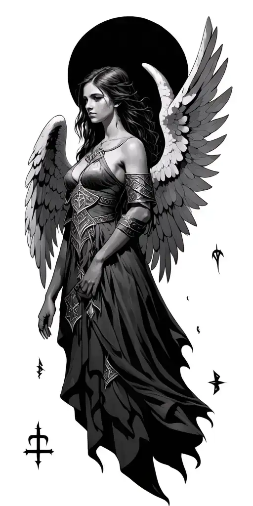 Busty Norse Girl Angel and Floating runes tattoo design idea