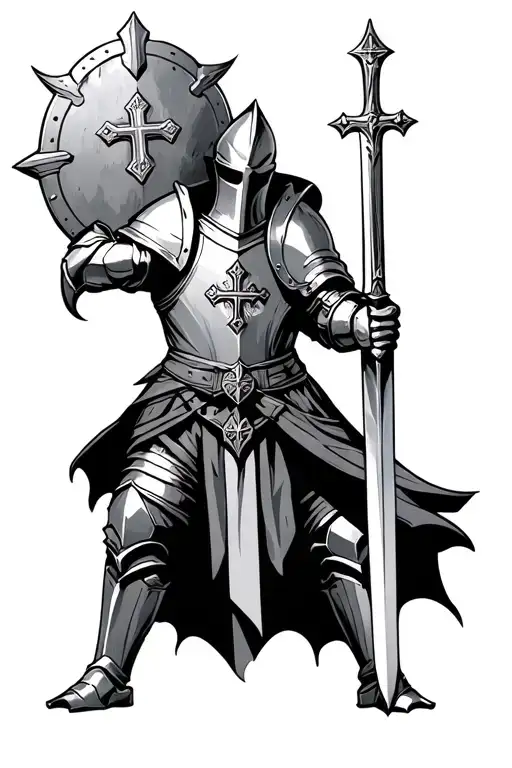 crusader in full plate armor with a jerusalem cross on the chestplate and holding a sword tattoo design idea