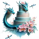 A dragon wrapped around a towering cake, with orchids and dragonflies flying around it tattoo design idea