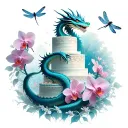A dragon wrapped around a towering cake, with orchids and dragonflies flying around it tattoo design idea