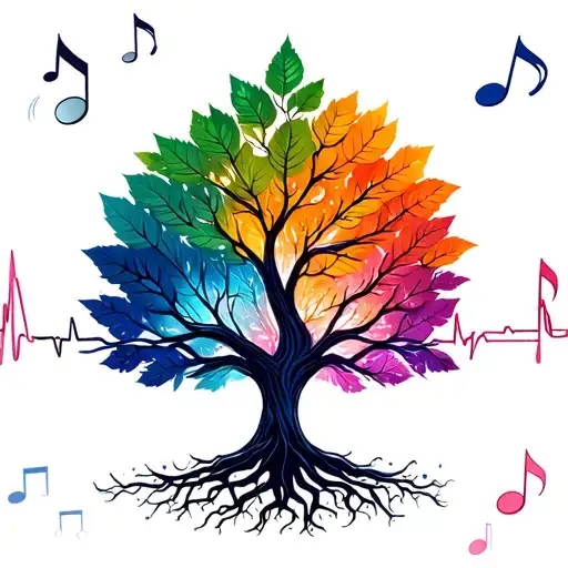 tree ekg line, bunte leaves, roots forming musical notes tattoo design idea