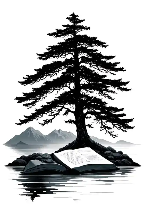 lake wanaka tree silhouette, book open, mountain peaks, ocean waves tattoo design idea
