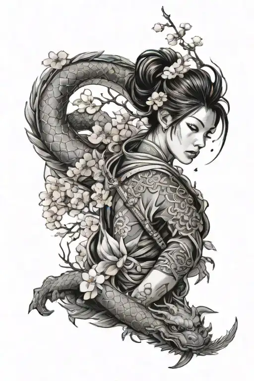 Irezumi style, featuring the coiled dragon and a female ninja with traditional weapons, along with cherry blossoms tattoo design idea