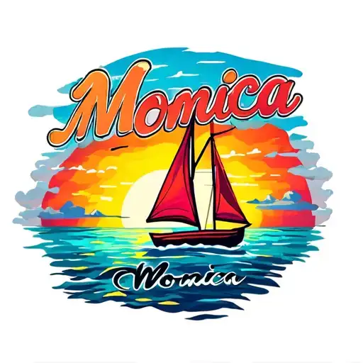 "Monica" "Monica" on the bottom of image,  one sail Sailboat sunset background, vibrant colors for ocean and sky tattoo design idea