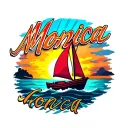 "Monica" "Monica" on the bottom of image,  one sail Sailboat sunset background, vibrant colors for ocean and sky tattoo design idea
