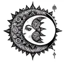 A tattoo of a sun and moon with intricate mandala patterns inside tattoo design idea