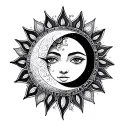 A tattoo of a sun and moon with intricate mandala patterns inside tattoo design idea