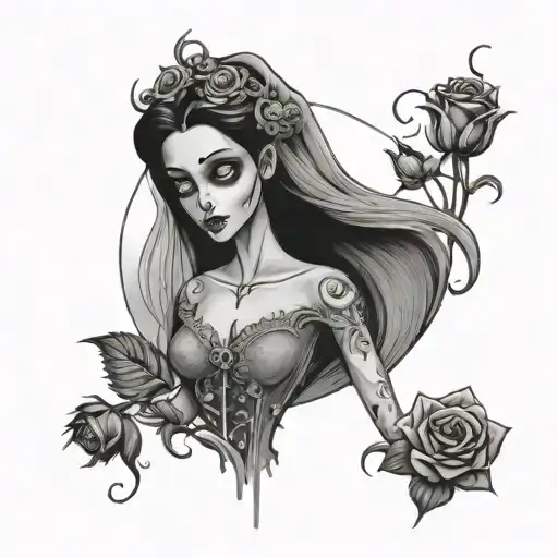 scenic view of corpse bride standing holding roses tattoo design idea