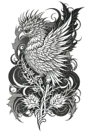 Tattoo composition Thistle, Phoenix, Fire, S, 21, Tech, Cyber, Metal, Sharp edges, futuristic tattoo design idea