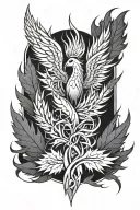 Tattoo composition Thistle, Phoenix, Fire, S, 21, Tech, Cyber, Metal, Sharp edges, futuristic tattoo design idea