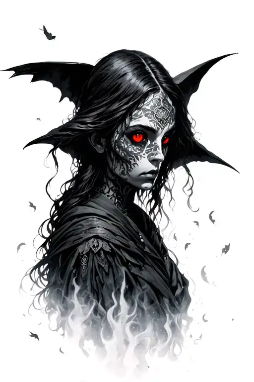 the Warden she is, non-human, solemn figure that emerges from the fog to watch over memories, loss. red eye glows  tattoo design idea