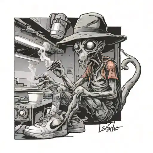 alien standing smoking a joint with supreme hat lacoste shirt bogner shorts and nike tn shoes tattoo design idea