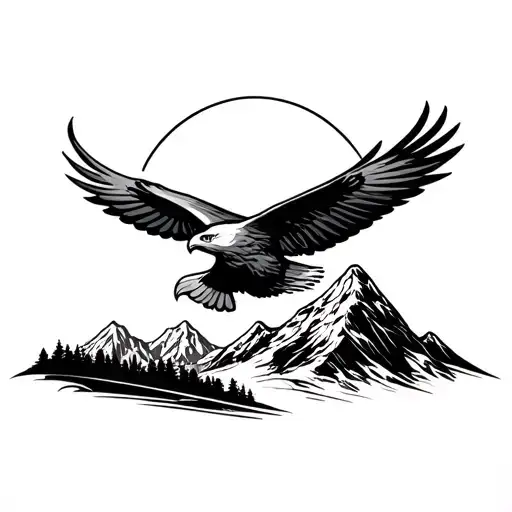 simple eagle soaring with mountain scene tattoo design idea