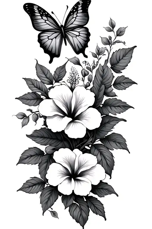 vertical dainty fine line butterfly over hibiscus flower vine for spine tattoo tattoo design idea