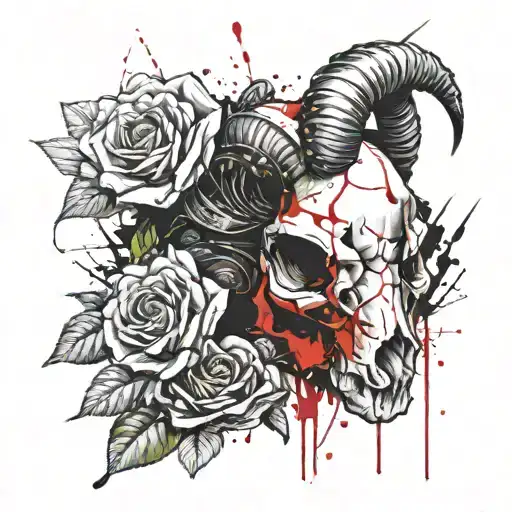 ram skull roses blooming tattoo design idea