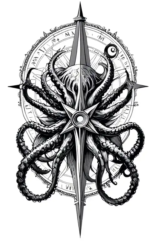nordic detailed compass cthulhu wrapping around tattoo design idea