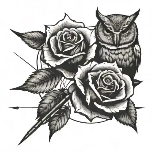 shooting bow arrow point in the shape of a rose and owl tattoo design idea