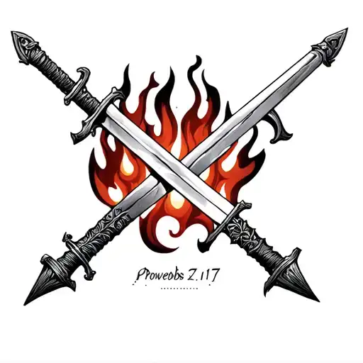 swords crossing each other with proverbs 27: 17 written and fire tattoo design idea